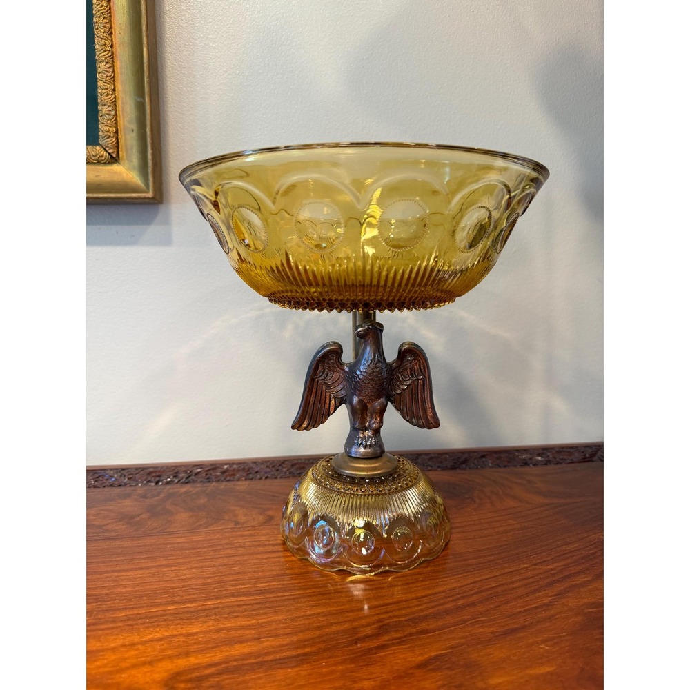 Amber Glass Eagle Compote Bowl • Vintage Pedestal Centerpiece Mid Century